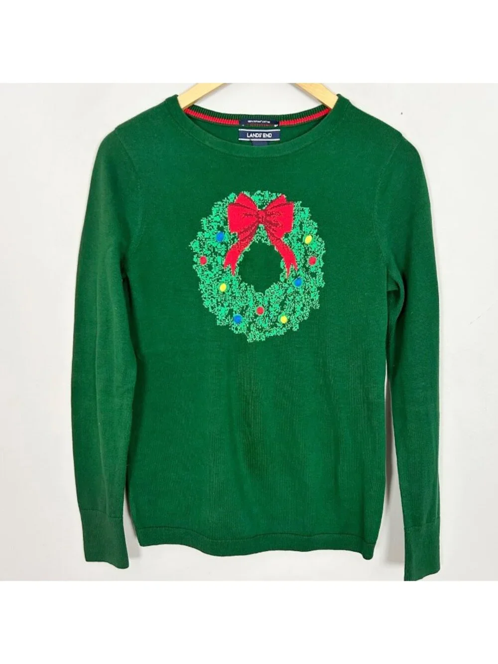Lands’ End Green Crewneck Sweater Christmas Wreath Size XS (2-4) Women's